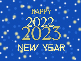 Card 'Happy New Year 2023'. Blue bokeh background.