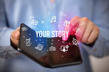 Businessman holding a foldable smartphone, social media concept