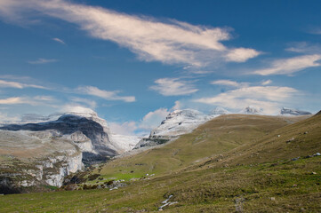 Aragonese Pyrenees, "The three Sorros": Monte Perdido, Cilindro and Añisclo. First snowfall in autumn November 2022. Aragon, Spain.