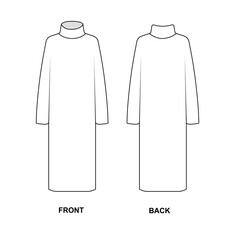 Vector template long sweater dress. Technical drawing of a winter dress. Sketch of fashionable oversized sweater dress