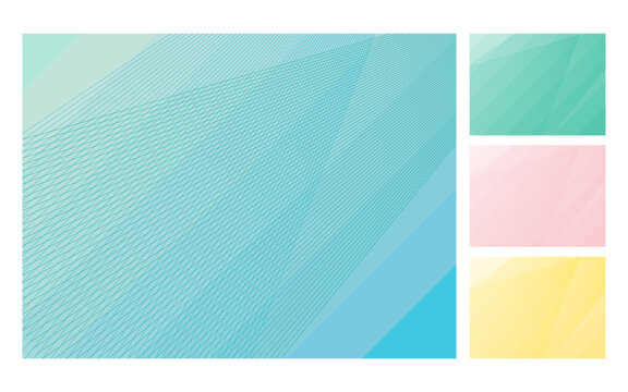 透明感のある抽象的な背景イラストセット。直線的な斜めのオブジェクトが重なる背景の上に幾重もの斜線が折り重なっている。春夏秋冬の配色イメージ。