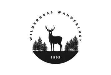 Foto auf Acrylglas Vintage Retro Deer Antler with Pine Cedar Evergreen Conifer Cypress Larch Fir Trees Forest for Wanderlust Wilderness Outdoor Adventure Logo © AFstudio87