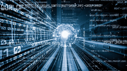 Software development, application programming code and tacit computer coding . Concept of smart digital transformation and technology disruption that changes global trends in new information era .