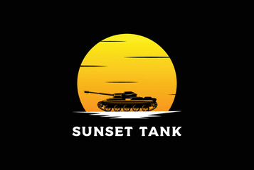 Sunset Sunrise Desert Tank Silhouette Logo Design Vector