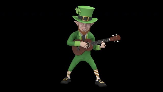 Leprechaun playing guitar - 3d render looped with alpha channel. 
