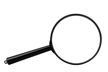 round magnifier in a black frame with a handle,  isolated