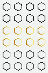 Set of grunge hexagon border frames with black gold and metallic color