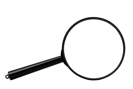round magnifier in a black frame with a handle,  isolated
