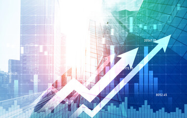 Financial graphs and digital indicators overlap with modernistic urban area, skyscrabber for stock market business concept. Double exposure.