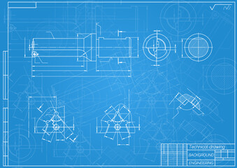 Mechanical engineering drawings on blue background. Tap tools, borer. Technical Design. Cover. Blueprint. Vector illustration.