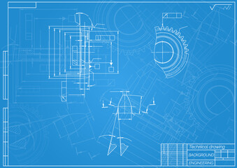 Mechanical engineering drawings on blue background. Gear cutting tool. Technical Design. Cover. Blueprint. Vector illustration.
