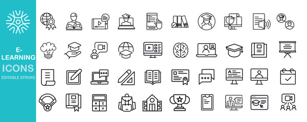 E-learning, online education icons set. 40 Electronic learning icons. Distance learning collection outline icons collection. Lines with editable stroke