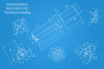Mechanical engineering drawings on blue background. Tap tools, borer. Technical Design. Cover. Blueprint. Vector illustration.