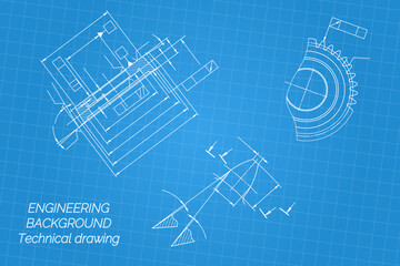 Mechanical engineering drawings on blue background. Gear cutting tool. Technical Design. Cover. Blueprint. Vector illustration.