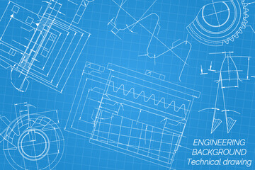 Mechanical engineering drawings on blue background. Tap tools, borer, cutting tools, milling cutter. Technical Design. Cover. Blueprint. Vector illustration.