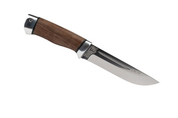 handmade stainless steel hunting knife with wooden handle, insulated on white background