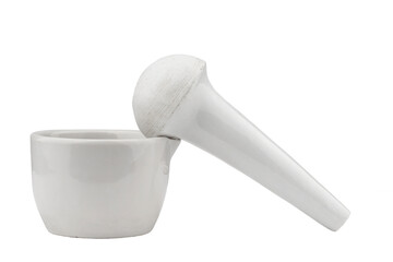 white ceramic mortar and pestle for grinding spices, isolate