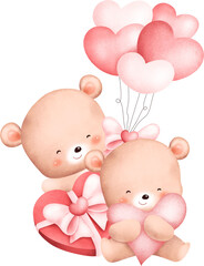 Cute Couple Valentine teddy bear. Watercolor Illustration. 