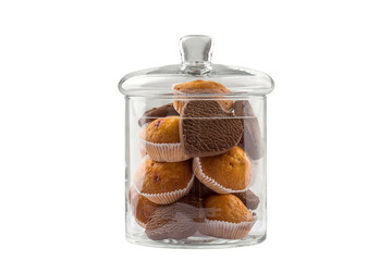 cupcakes and cookies in the shape of a heart in a glass jar, isolated