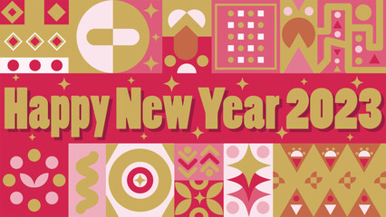 Art & IllustrationA banner illustration for new year 2023 with typography and geometric retro shapes. A happy new year greeting card design with colors such as pink and yellow.