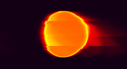Glitched sun orange and deep red round geometric shape with noise, scanlines and screensclices on black background in corrupted graphics style.