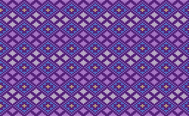 Sweater knitting pattern, Vector ethnic embroidery ornament background, Knitted seamless geometry style, Purple and white pattern ornamental thread, Design for textile, fabric, batik, curtain, pillows