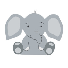Cute little hand-drawn elephant in a childish, flat, cartoon style. Baby illustration of a sitting elephant. Vector graphic of animal with trunk, isolated on white background