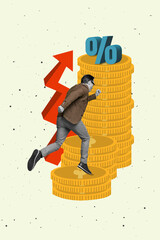 Vertical collage picture of running black white gamma person climb big pile stack money coins...