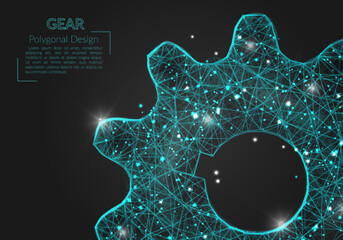 Abstract isolated blue image of a gear. Polygonal illustration looks like stars in the blask night sky in spase or flying glass shards. Digital design for website, web, internet © Katsiaryna