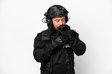 Middle age SWAT man isolated on white background is suffering with cough and feeling bad