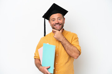 Middle age student caucasian man isolated on white background happy and smiling