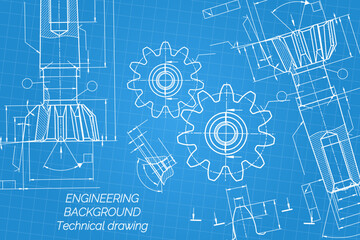 Mechanical engineering drawings on blue background. Tap tools, borer. Technical Design. Cover. Blueprint. Vector illustration.