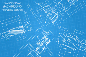 Mechanical engineering drawings on blue background. Tap tools, borer. Technical Design. Cover. Blueprint. Vector illustration.