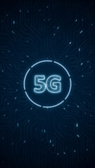 Blue digital 5G logo and futuristic technology circle HUD with circuit board and data transfer on abstract background