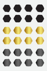 Set of grunge round hexagon border frames with black gold and metallic color