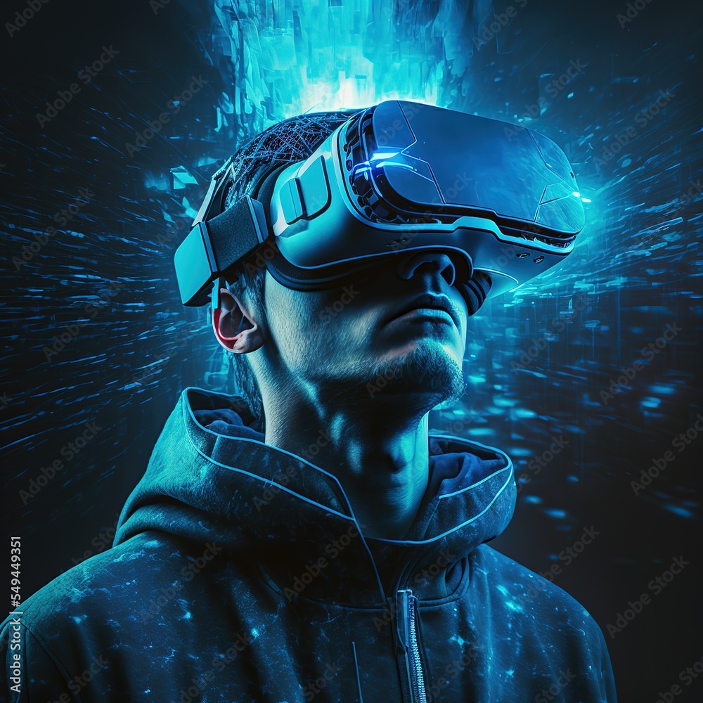 Aufkleber Man in futuristic virtual reality 3d headset or VR glasses looking up in virtual simulation. Futuristic modern . Generative AI