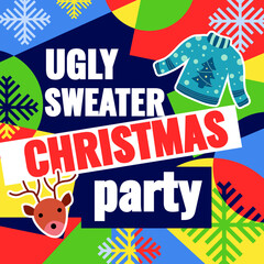 Obraz premium Bright creative Christmas card, ugly sweaters christmas party. Vector illustration of a poster or cover for a party, holiday invitation or greeting and happy new year