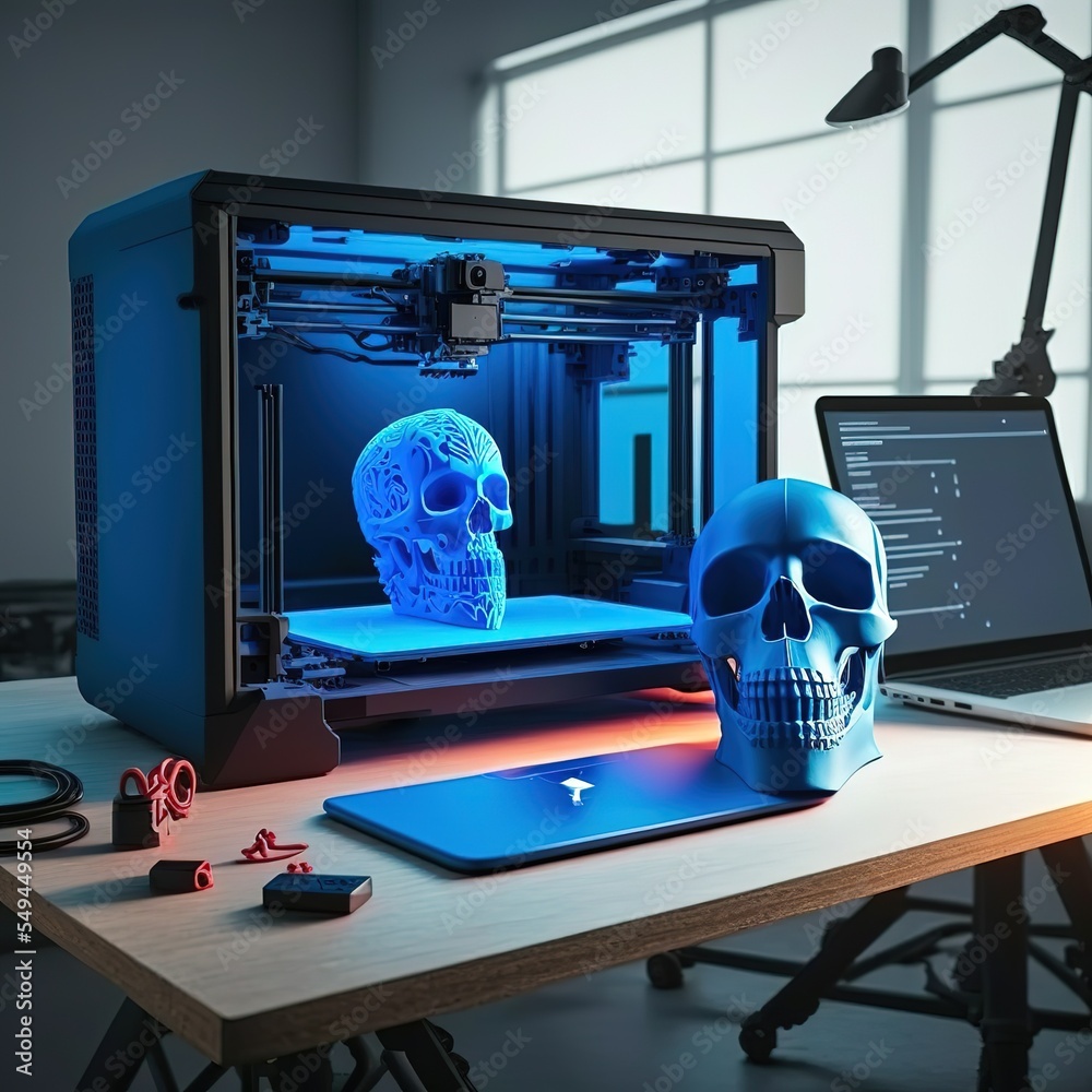 Leinwandbilder sla 3d printer, laptop on table in workshop of additive maker. printing isometric concept. futuristi