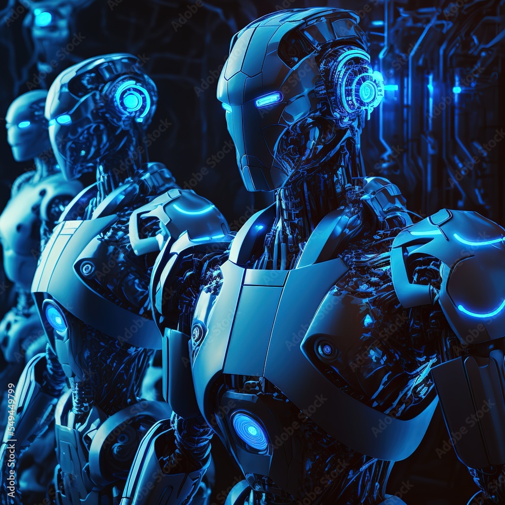 Poster A team of cyborg robots works with a virtual interface in cyberspace. Futuristic modern . Generative AI