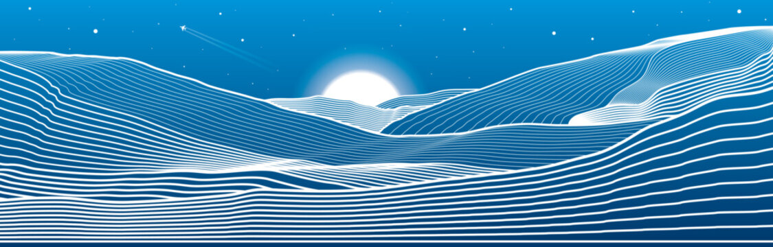 Night landscape. Mountains outline illustration. Moon and stars. Vector design art