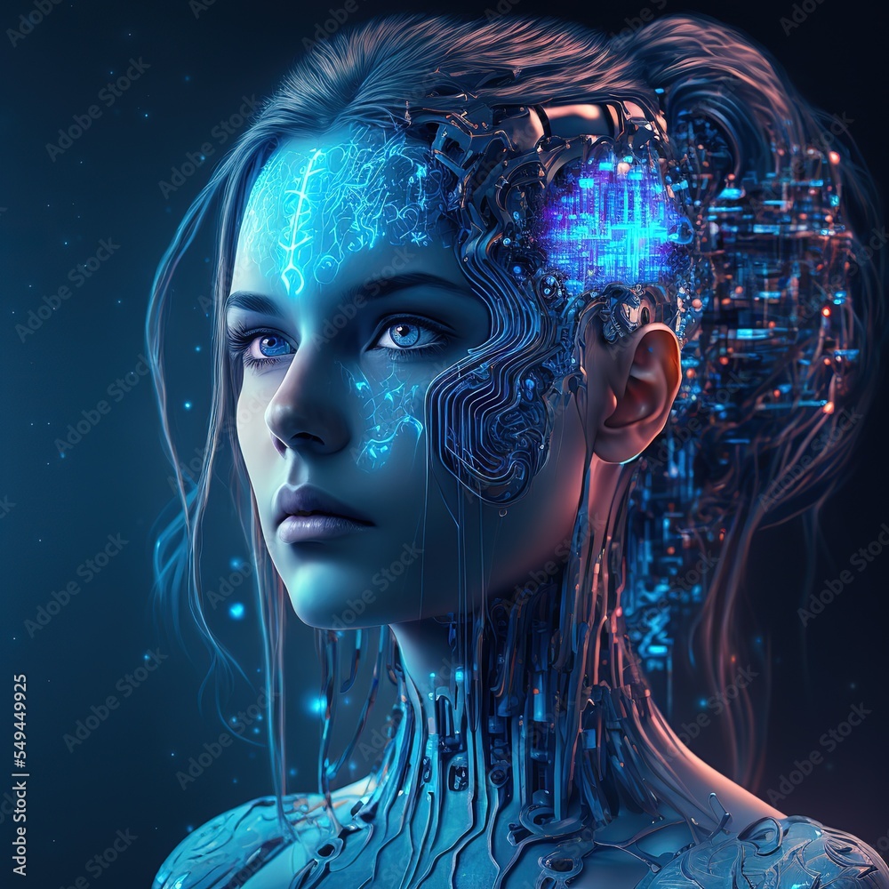 Poster Artificial intelligence in image of cyborg girl with electronic brain. Futuristic modern Generative AI