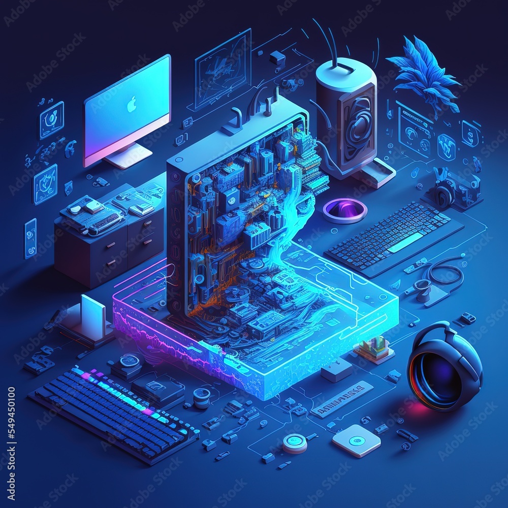 Poster computer technology isometric illustration. futuristic modern generative ai