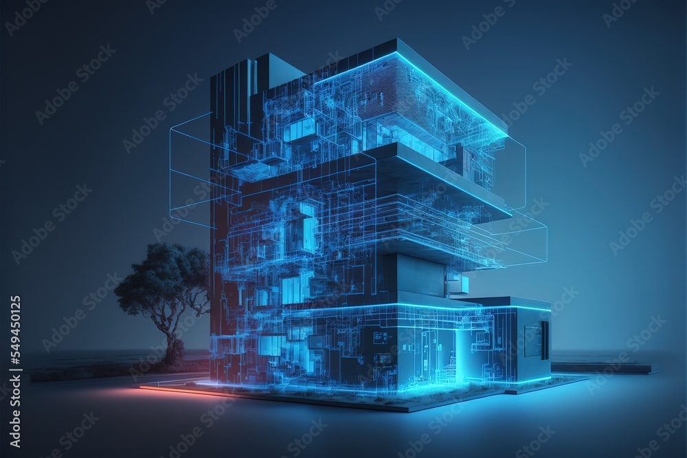 Poster Development architecture computer systems of smart building. Futuristic modern Generative AI