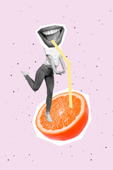 Vertical collage picture of black white gamma girl stand big half orange smiling mouth instead head...