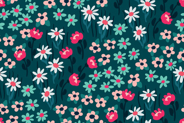 Seamless floral pattern, liberty ditsy print with cute meadow. Pretty flower design with small hand drawn flowers: daisies, daisies, tiny leaves on a blue background. Vector botanical illustration.