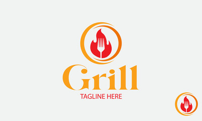 Grill Logo Design Template With Fire And Fork.