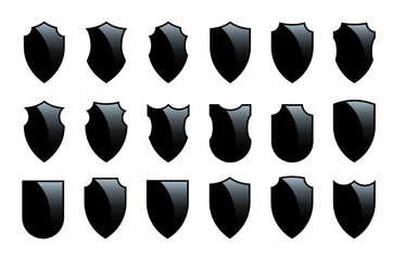 Black shields of different shapes, mirror light effect set, 3d antivirus security emblem