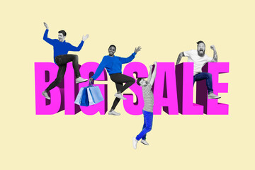 Creative collage of excited black white colors people celebrate big sale deal proposition isolated on painted background
