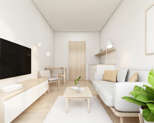 Fototapeta na wymiar Japandi style living room decorated with minimalist sofa and tv cabinet. 3d rendering