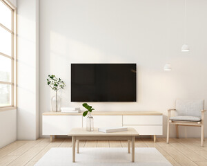 Japandi style living room decorated with minimalist tv cabinet. 3d rendering